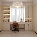 Modern Home Office Desk Interior With Bookshelves Window Chandelier And Chair