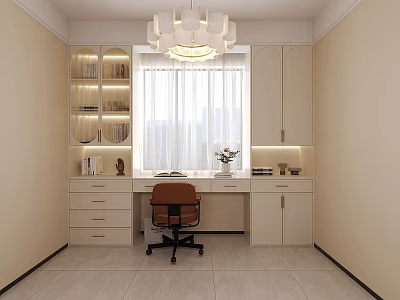 Modern Home Office Desk Interior With Bookshelves Window Chandelier And Chair 3d model