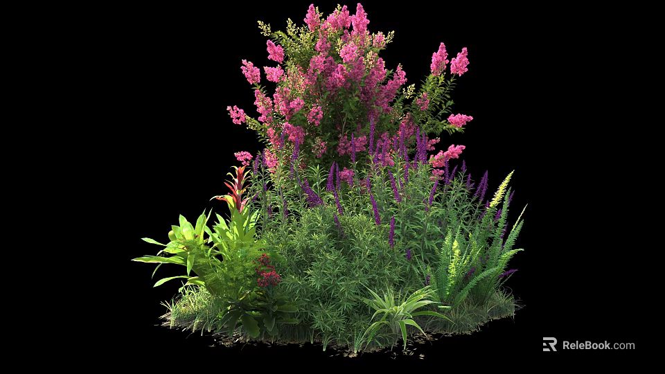 Lush Shrub With Vibrant Pink Flowers And Green Foliage Surrounding Diverse Plants 3d model 