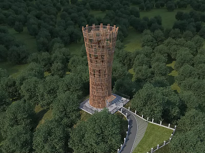 Wooden Tower Structure In Garden Landscape Surrounded By Lush Trees And Pathway 3d model