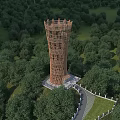 Wooden Tower Structure In Garden Landscape Surrounded By Lush Trees And Pathway
