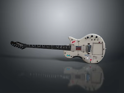 White Modified Electronic Electric Guitar With Stickers And Buttons On Body 3d model