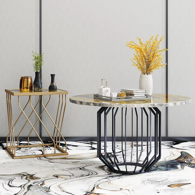 Coffee Table with Marble Top Gold Black Metal Frame Vases Plants and Books 3d model 