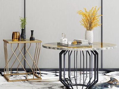 Coffee Table with Marble Top Gold Black Metal Frame Vases Plants and Books 3d model