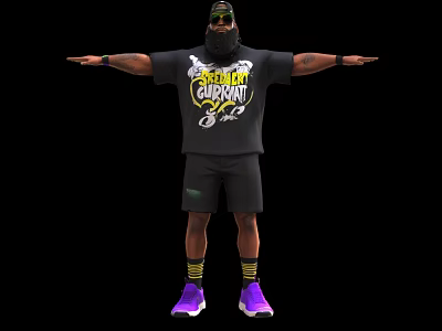 Man Wearing Black T-shirt Yellow Text Black Shorts Purple Shoes Hat Standing With Arms Outstretched 3d model