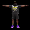 Man Wearing Black T-shirt Yellow Text Black Shorts Purple Shoes Hat Standing With Arms Outstretched