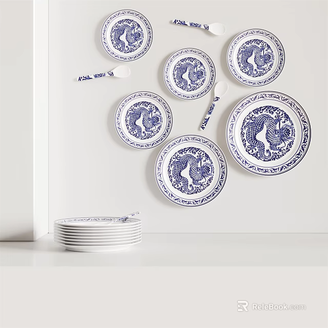 Blue and White Plate Decoration with Dragon Phoenix Patterns Hanging on Wall and Stacked Plates 3d model 