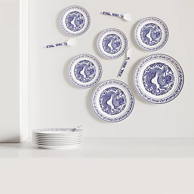 Blue and White Plate Decoration with Dragon Phoenix Patterns Hanging on Wall and Stacked Plates 3d model