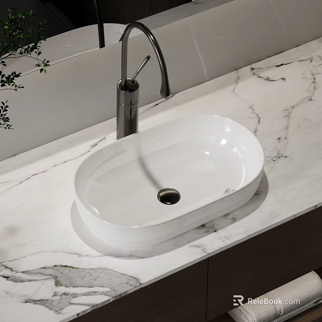 Sleek White Oval Washbasin On Marble Countertop With Modern Faucet And Soap Dispenser 3d model 