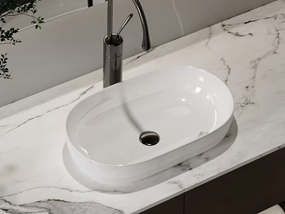 Sleek White Oval Washbasin On Marble Countertop With Modern Faucet And Soap Dispenser 3d model