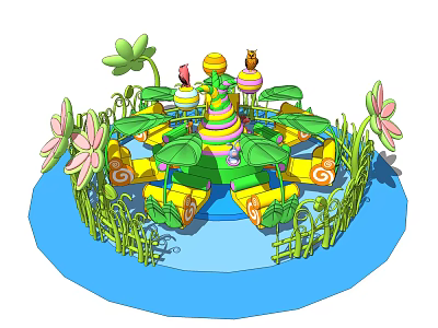 Colorful Rotating Amusement Rides With Cartoon Animal Figures And Flower Shaped Decorations 3d model