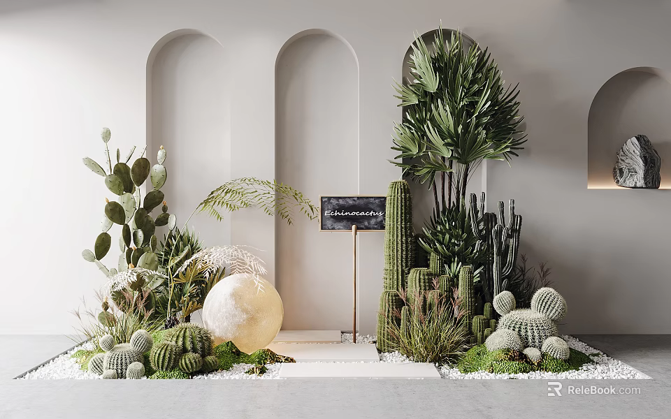 Cacti And Palm Plants Display With Arched Walls Background Marble Sphere Signboard And Pebbles 3d model 