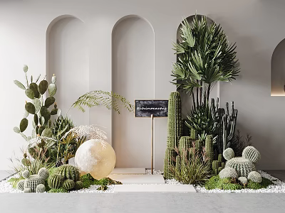 Cacti And Palm Plants Display With Arched Walls Background Marble Sphere Signboard And Pebbles 3d model