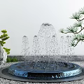 Decorative Garden Fountain With Water Sprays Small Plants And Pine Tree Accents