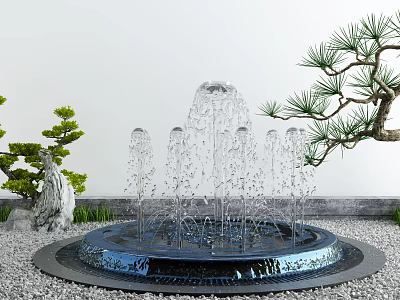 Decorative Garden Fountain With Water Sprays Small Plants And Pine Tree Accents 3d model
