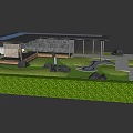 Modern Pergola Design With Green Lawn Stone Pathway And Water Feature