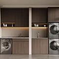 Modern Laundry Room Interior With Dark Wooden Cabinets Washing Machine Dryer And Countertop