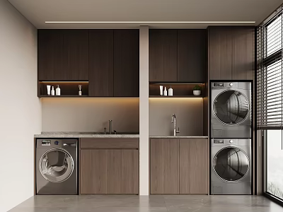 Modern Laundry Room Interior With Dark Wooden Cabinets Washing Machine Dryer And Countertop 3d model