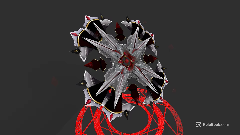 Star Shaped Metallic Weapon With Spikes Red Center And Red Magic Circle Base 3d model