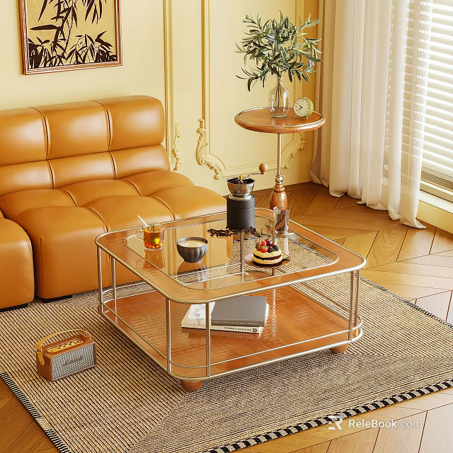 Modern Coffee Table With Glass Top Metal Frame And Decorative Items By Orange Leather Sofa 3d model 