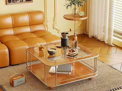 Modern Coffee Table With Glass Top Metal Frame And Decorative Items By Orange Leather Sofa 3d model