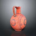 Red Pottery Vase Sculpture With Handle And Circular Carved Patterns