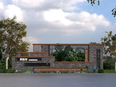 Landscape Wall Featuring Brick Structure Wooden Lattice Village Signboard And Green Plants 3d model