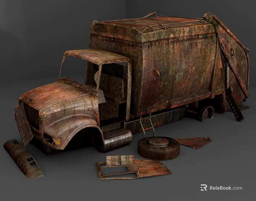 Old Vintage Rusty Garbage Truck With Scattered Parts And Worn Details 3d model 