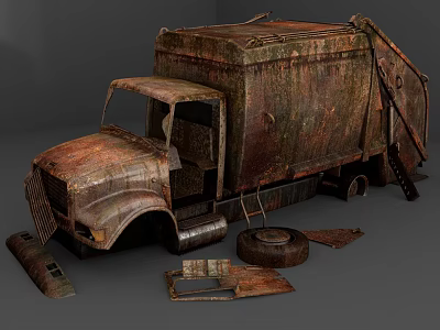 Old Vintage Rusty Garbage Truck With Scattered Parts And Worn Details 3d model
