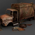 Old Vintage Rusty Garbage Truck With Scattered Parts And Worn Details