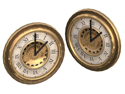 Two Vintage Clocks Featuring Roman Numerals Gold Frames White Dials Black Hands And Gear Mechanisms 3d model
