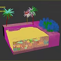 Miniature Landscape Scene With Sandy Ground Water Pool Palm Trees Green Shrubs And Colorful Corals