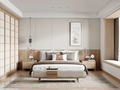 Japanese Inspired Bedroom Interior Design With Wooden Sliding Doors Wall Art And Lantern Light Fixture 3d model