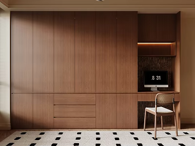 Modern Wooden Bookcase With Built In Cabinet Doors Drawers And Workstation Chair 3d model