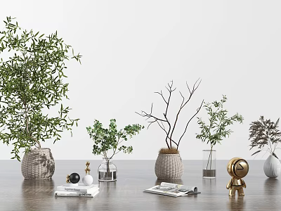 Minimalist Home Decor Scene with Woven Glass Vases Green Plants and Twigs on Table 3d model