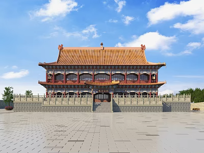 Traditional Chinese Ancient Architecture With Two Story Yellow Tiled Roof Red Doors Windows And Spacious Square 3d model