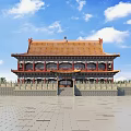 Traditional Chinese Ancient Architecture With Two Story Yellow Tiled Roof Red Doors Windows And Spacious Square