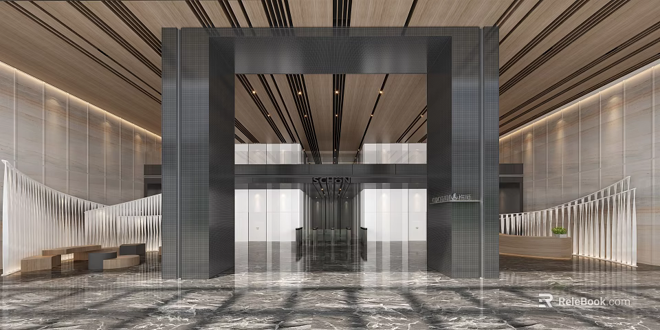 Modern Luxurious Reception Area Design With Marble Floor And High Ceiling Lighting 3d model 