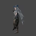 Game Movie Character With Grey Long Hair Blue Bow Grey Top And Black Winged Cape