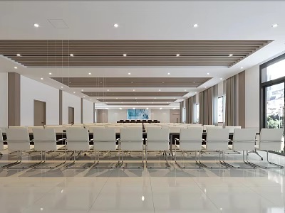 Modern Spacious Conference Room With White Chairs Long Table And Large Bright Windows 3d model