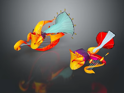 Vibrant Abstract Creature Designs With Orange Red Purple Horn Like Shaped Elements 3d model