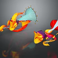 Vibrant Abstract Creature Designs With Orange Red Purple Horn Like Shaped Elements 3d model