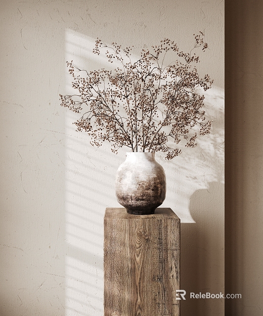 Dried Flowers Arranged in Ceramic Vase on Wooden Table Against Light Colored Wall 3d model 