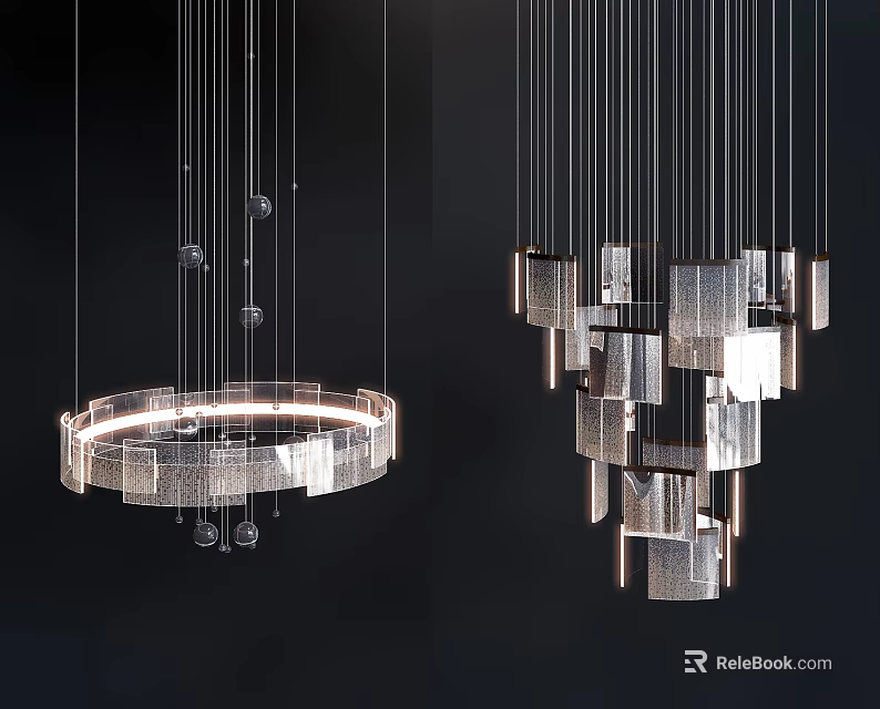 Modern Chandeliers Featuring Circular Ring Design And Stacked Geometric Metallic Blocks 3d model