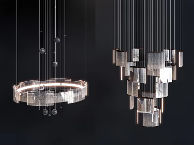 Modern Chandeliers Featuring Circular Ring Design And Stacked Geometric Metallic Blocks 3d model