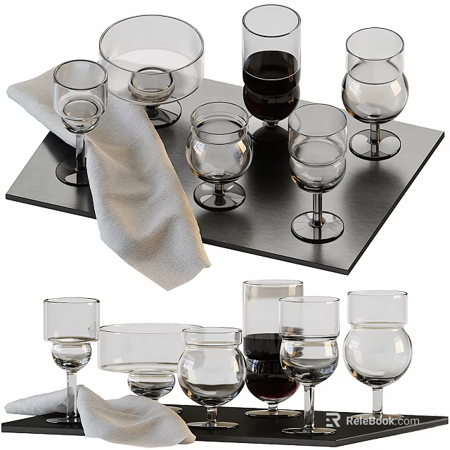 Tableware Set Including Transparent Glassware Various Shapes Black Tray White Napkin And Wine Glass 3d model 
