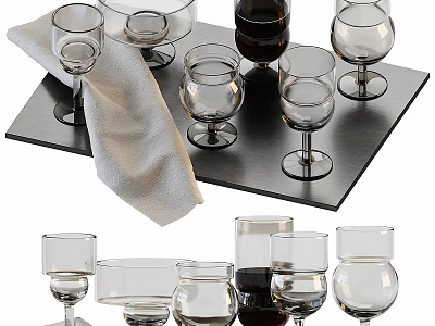 Tableware Set Including Transparent Glassware Various Shapes Black Tray White Napkin And Wine Glass 3d model