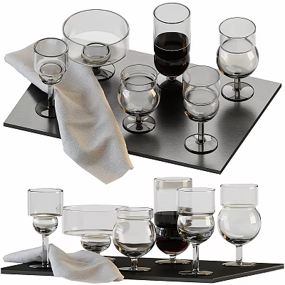 Tableware Set Including Transparent Glassware Various Shapes Black Tray White Napkin And Wine Glass 3d model