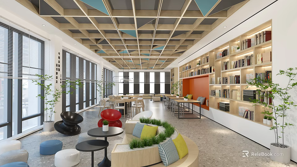 Artistic Book Library Design With Geometric Ceiling Colorful Cushions Green Plants And Books 3d model 