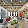 Artistic Book Library Design With Geometric Ceiling Colorful Cushions Green Plants And Books